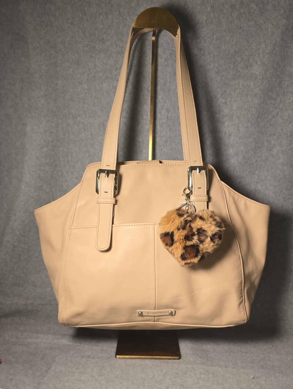 b. makowsky Beige Leather Tote with Leopard Pom Charm